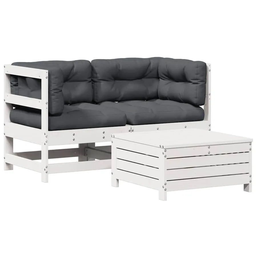 Salon de jardin 3 pcs avec coussins blanc bois de pin massif - 2