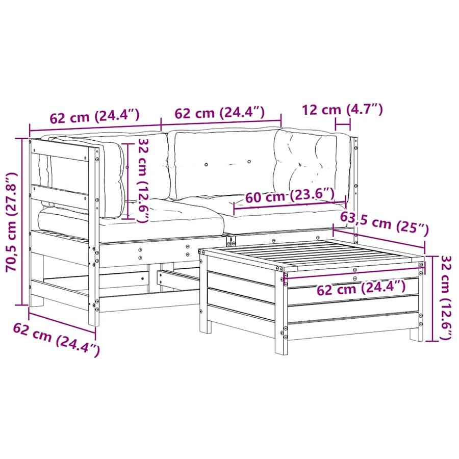 Salon de jardin 3 pcs avec coussins blanc bois de pin massif - 9