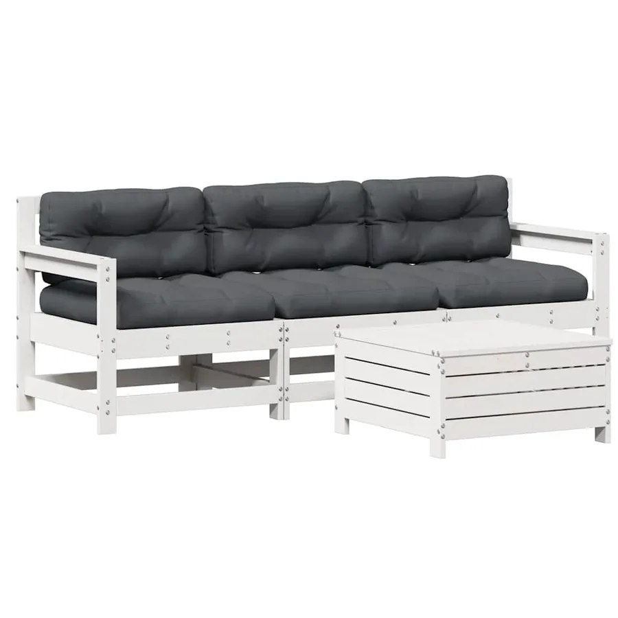 Salon de jardin 4 pcs avec coussins blanc bois de pin massif - 2