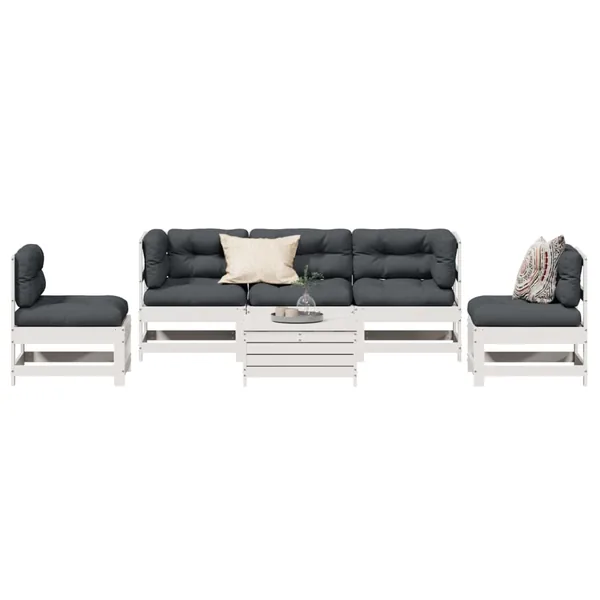 Salon de jardin avec coussins 6 pcs blanc bois de pin massif