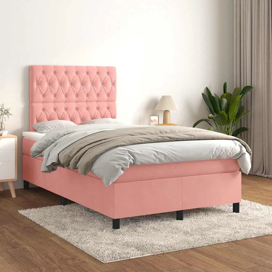 Sommier à lattes de lit avec matelas rose 120x190 cm velours - 3