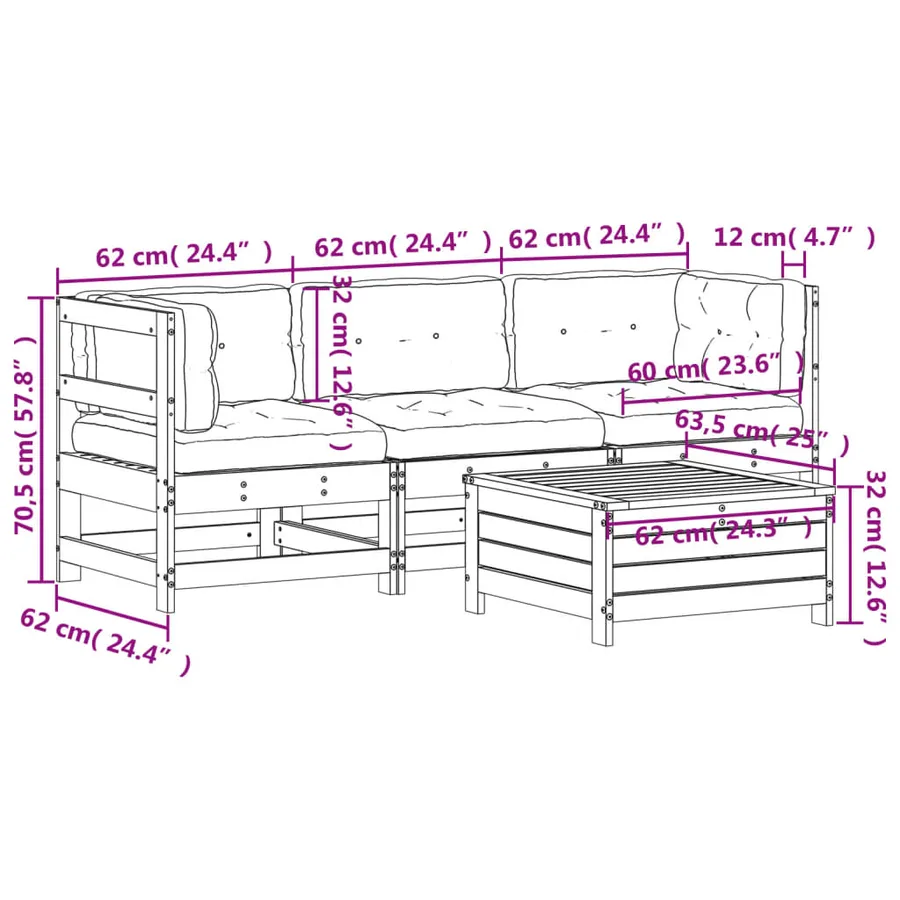 Salon de jardin 4 pcs avec coussins Bois de pin massif - 10