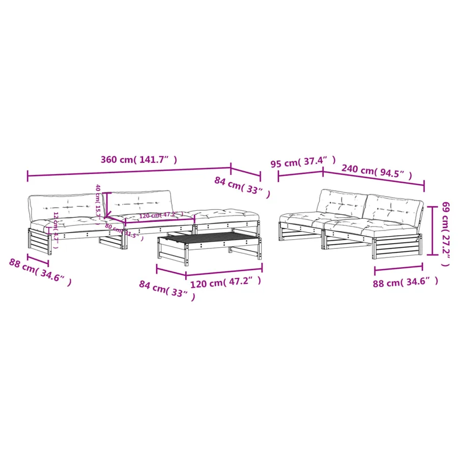 Salon de jardin 6 pcs avec coussins bois de pin imprégné - 8