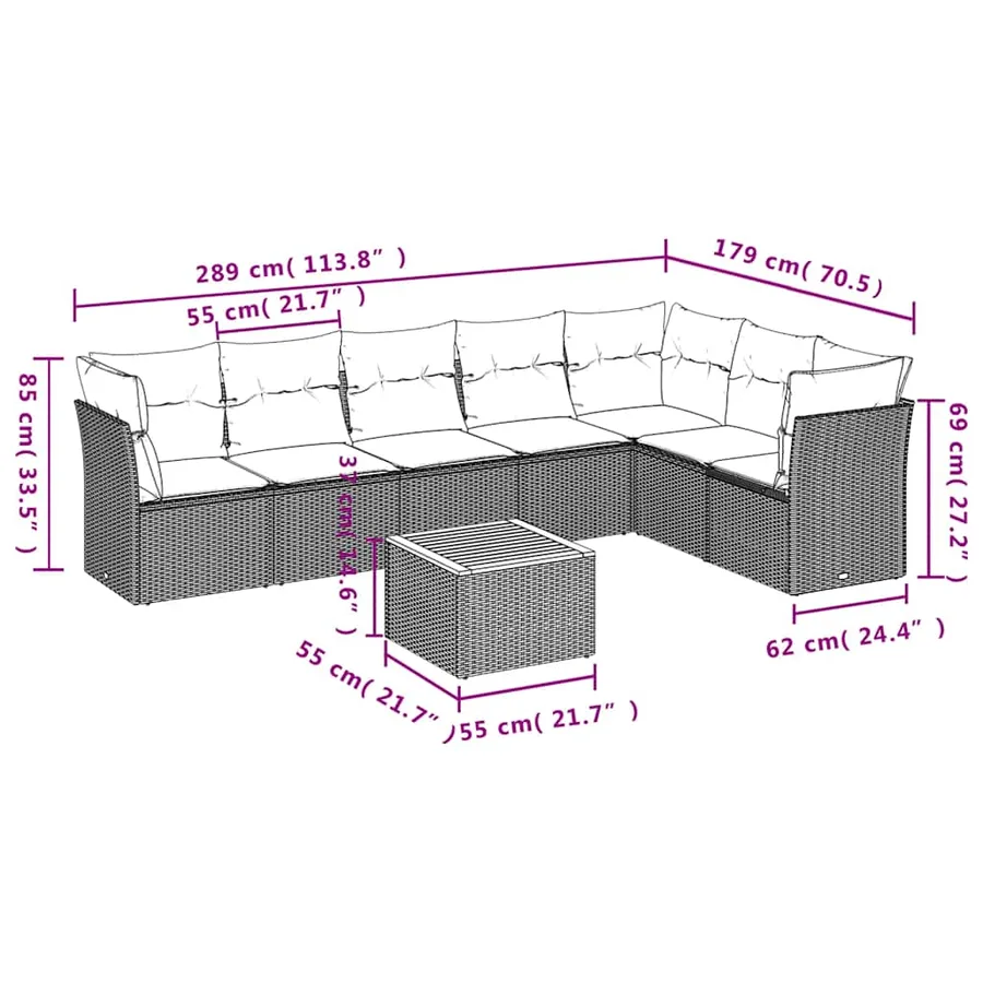Salon de jardin 8 pcs avec coussins noir résine tressée - 10
