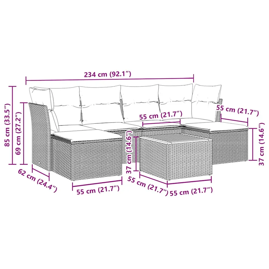 Salon de jardin 7 pcs avec coussins noir résine tressée 62 x 62 x 69 cm - 55,2 kg - 11