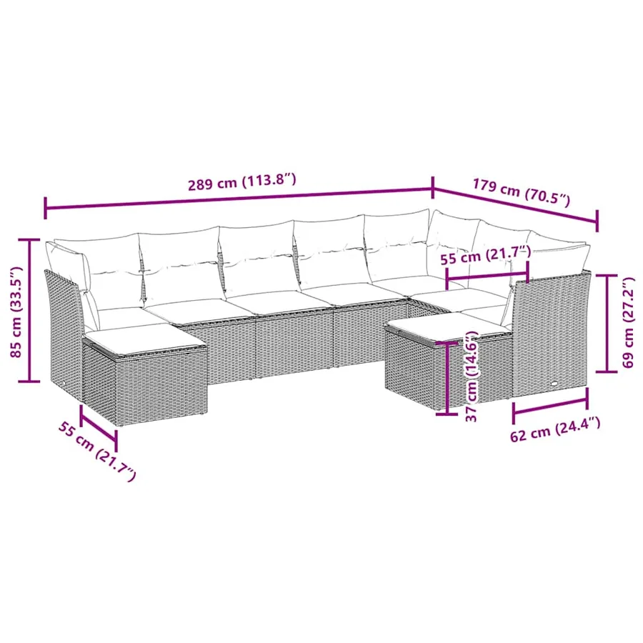 Salon de jardin 9 pcs avec coussins noir résine tressée - 3