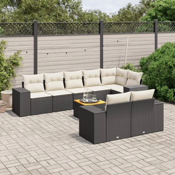 Salon de jardin 9 pcs avec coussins noir résine tressée