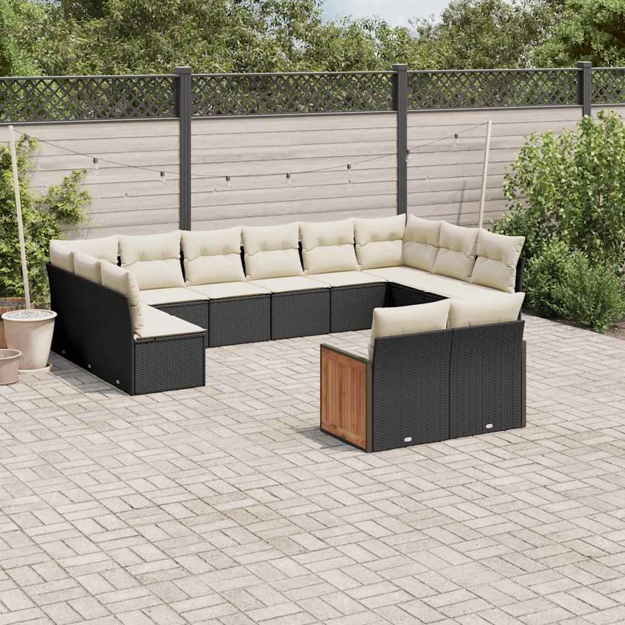 Salon de jardin 12 pcs avec coussins noir résine tressée