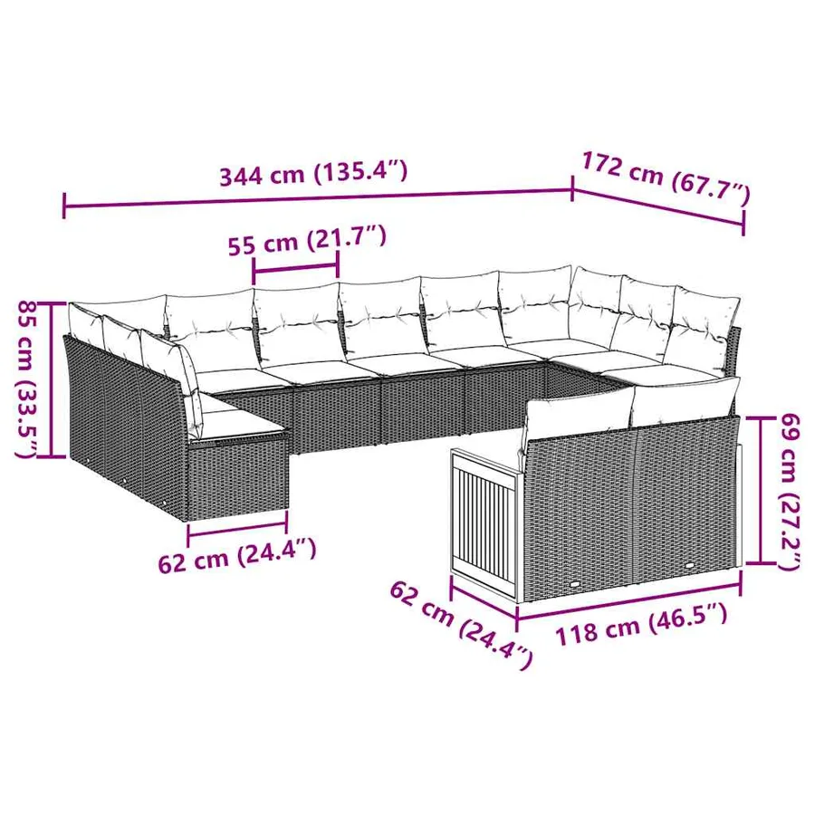 Salon de jardin 12 pcs avec coussins noir résine tressée - 3