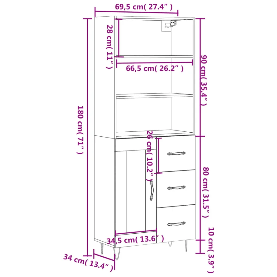 Buffet haut Sonoma gris 69,5x34x180 cm Bois d'ingénierie - 14