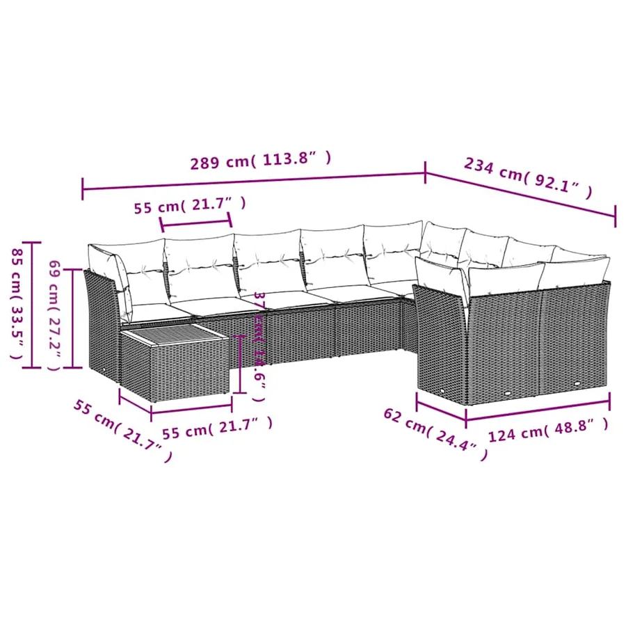 Salon de jardin 10 pcs avec coussins noir résine tressée - 10