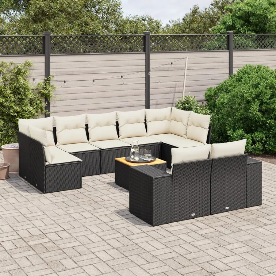 Salon de jardin 10 pcs avec coussins noir résine tressée