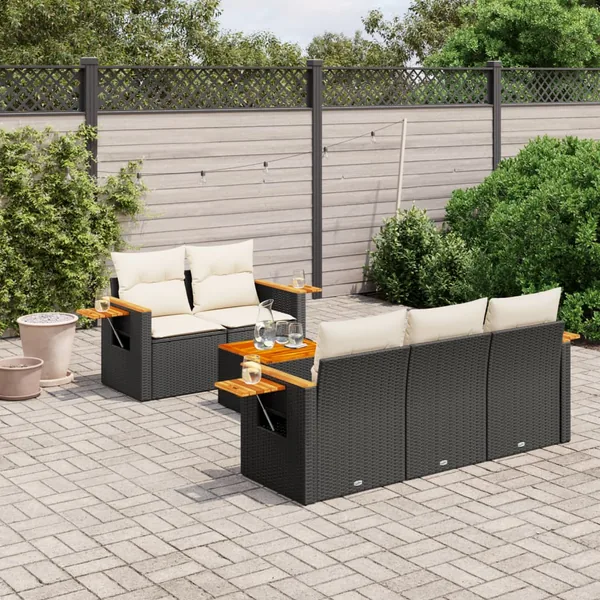 Salon de jardin 6 pcs avec coussins noir résine tressée