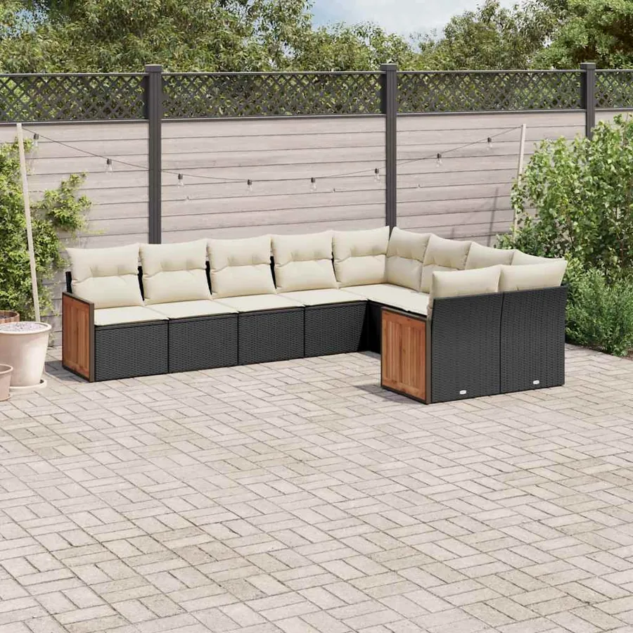 Salon de jardin 9 pcs avec coussins noir résine tressée