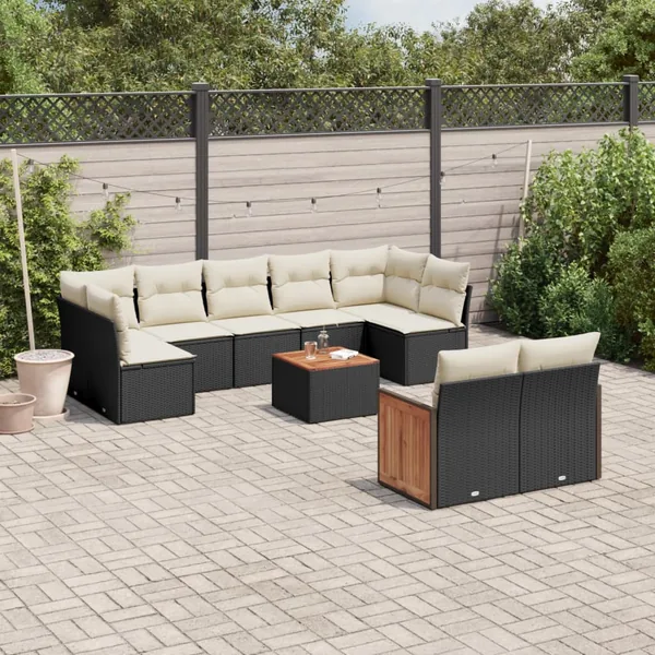 Salon de jardin 10 pcs avec coussins noir résine tressée