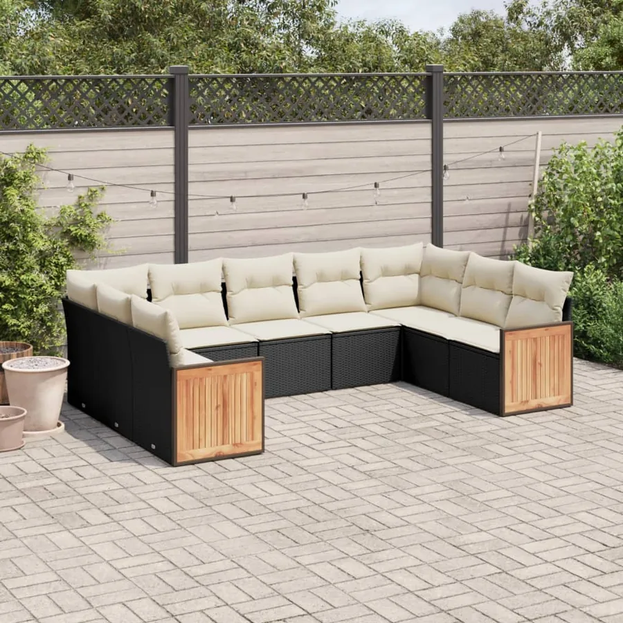 Salon de jardin 9 pcs avec coussins noir résine tressée