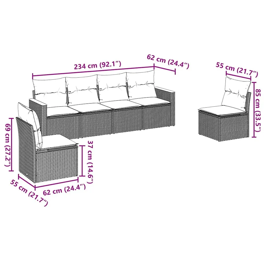 Salon de jardin 6 pcs avec coussins noir résine tressée - 3