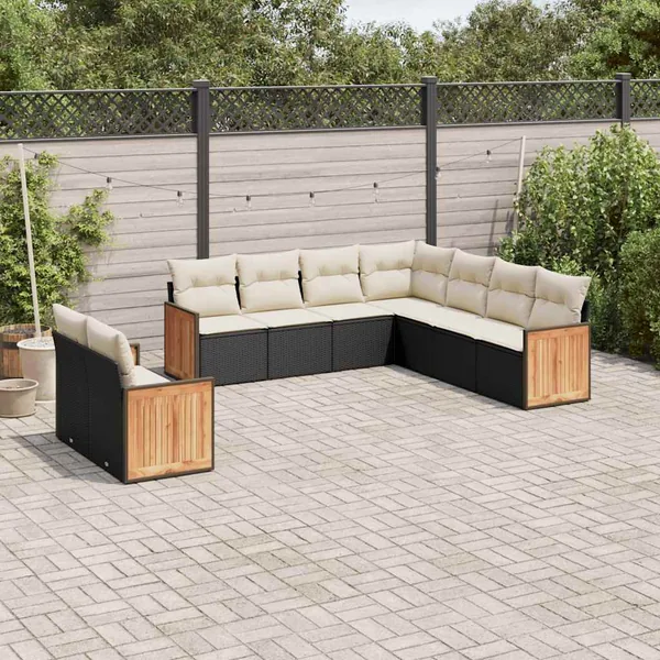 Salon de jardin 9 pcs avec coussins noir résine tressée