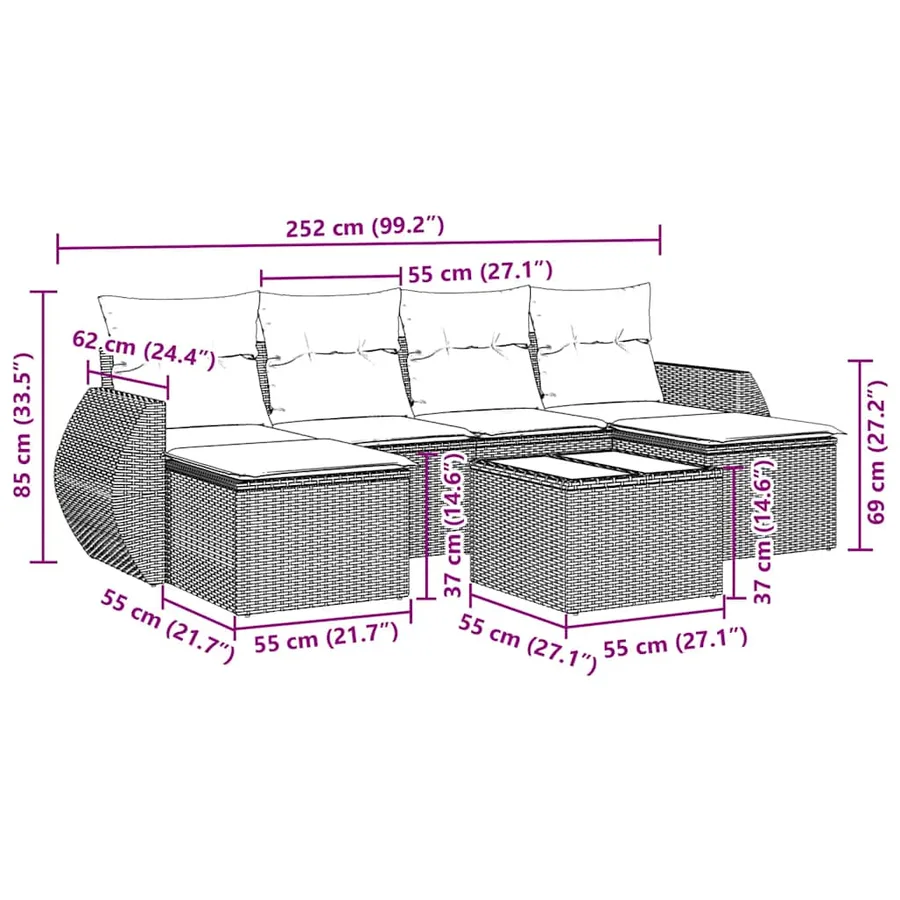 Salon de jardin 7 pcs avec coussins noir résine tressée 71 x 62 x 69 cm - 56,4 kg - 3