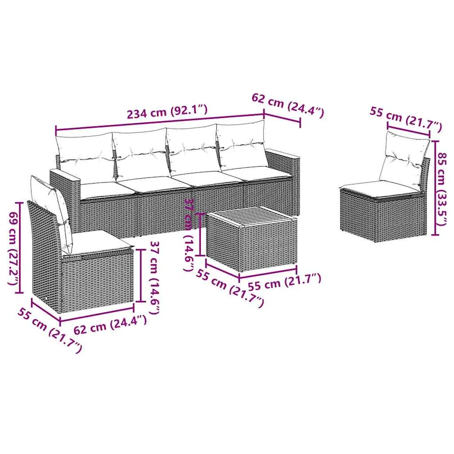 Salon de jardin 7 pcs avec coussins noir résine tressée 55 x 62 x 69 cm - 58,0 kg - 3