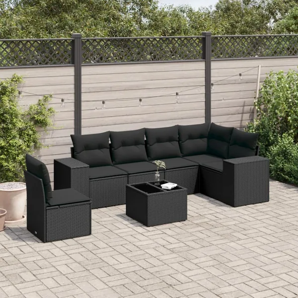 Salon de jardin 7 pcs avec coussins noir résine tressée 62 x 62 x 69 cm - 62,8 kg