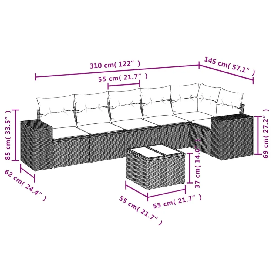 Salon de jardin 7 pcs avec coussins noir résine tressée 62 x 62 x 69 cm - 62,8 kg - 3