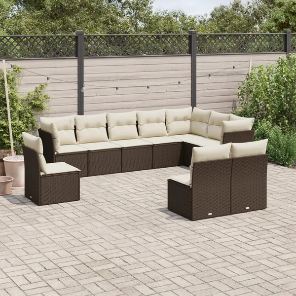 Salon de jardin 10 pcs avec coussins marron résine tressée
