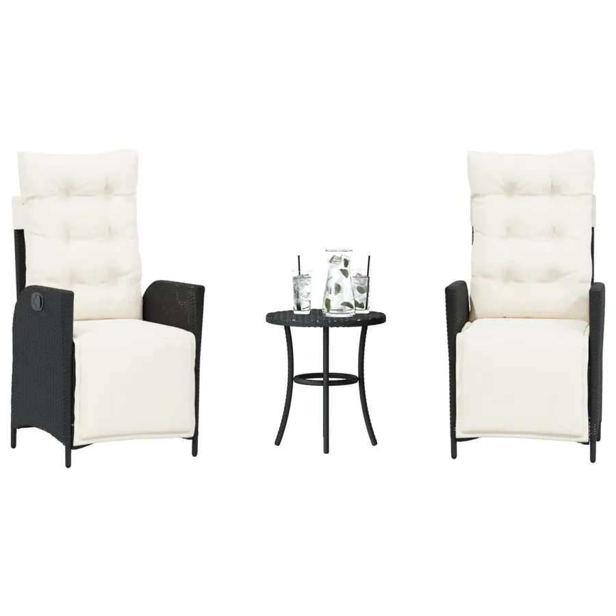 Ensemble de bistro 3 pcs avec coussins noir résine tressée
