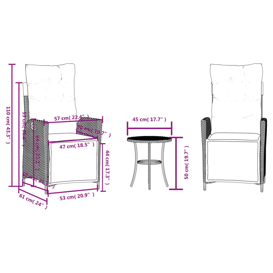 Ensemble de bistro 3 pcs avec coussins noir résine tressée - 15