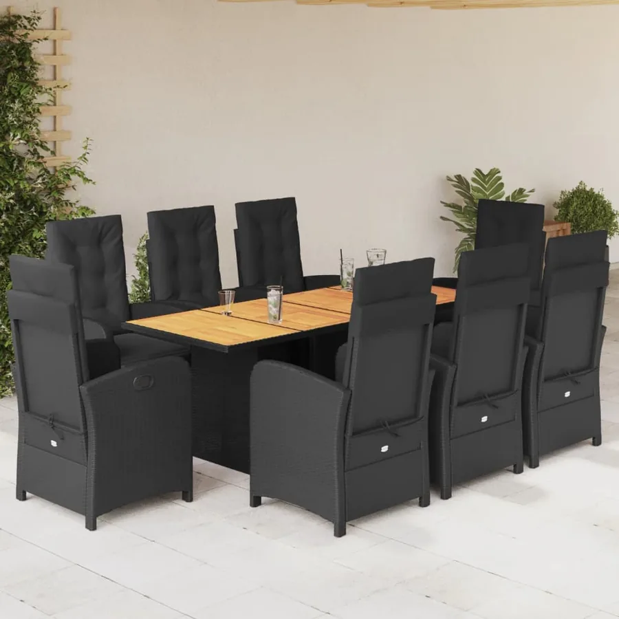 Ensemble à manger de jardin 9pcs coussins noir résine tressée