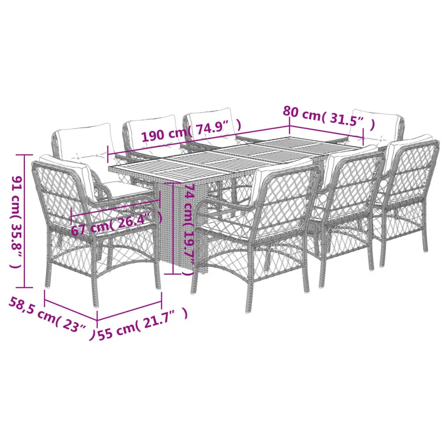 Ensemble à manger de jardin et coussins 9 pcs beige Poly rotin - 7