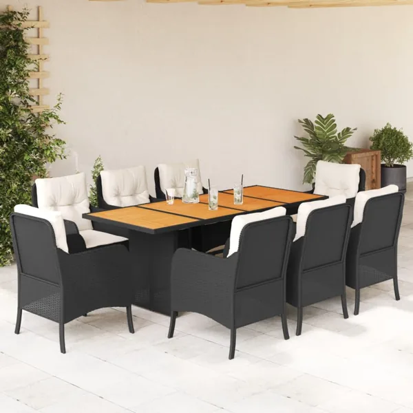 Ensemble à manger de jardin 9pcs coussins noir résine tressée