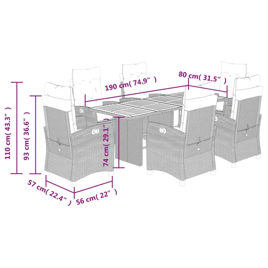 Ensemble à manger de jardin et coussins 7 pcs gris rotin - 9