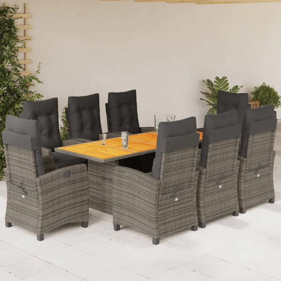 Ensemble à manger de jardin 9 pcs coussins gris résine tressée