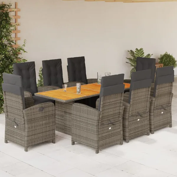 Ensemble à manger de jardin 9 pcs coussins gris résine tressée