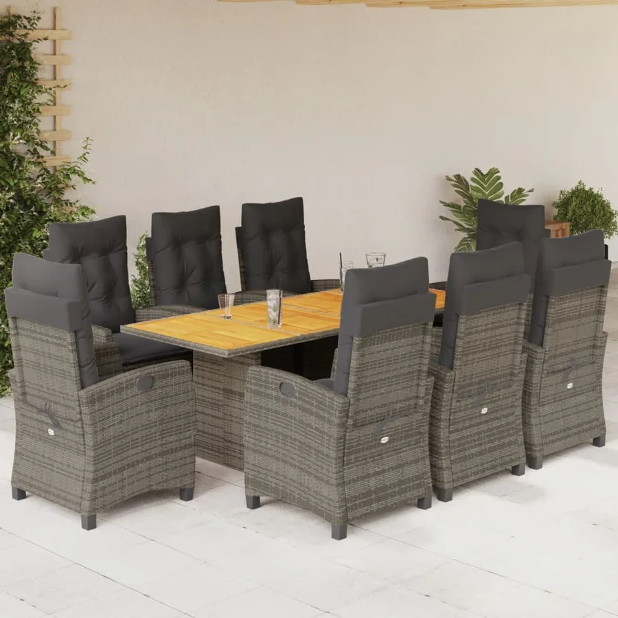 Ensemble à manger de jardin 9 pcs coussins gris résine tressée