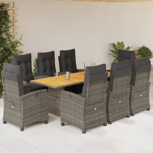 Ensemble à manger de jardin 9 pcs coussins gris résine tressée