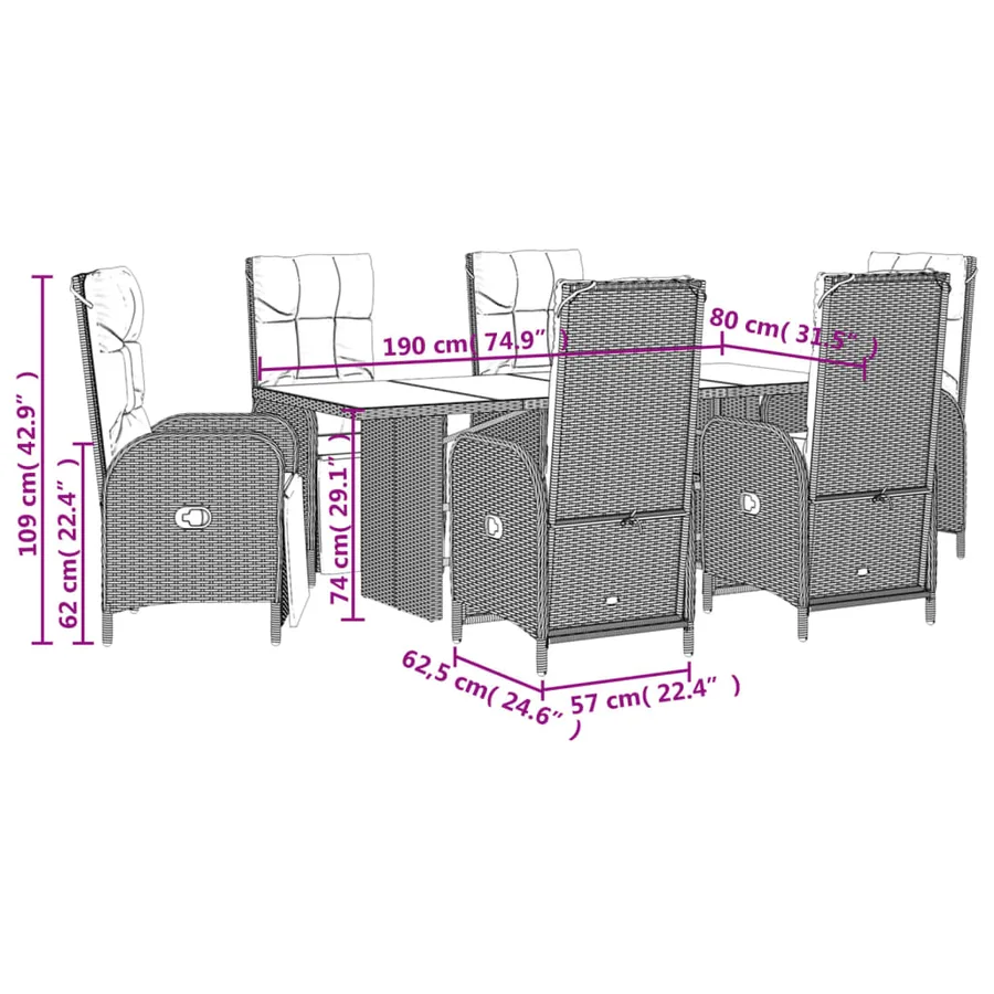 Ensemble à manger de jardin et coussins 7 pcs gris rotin - 7