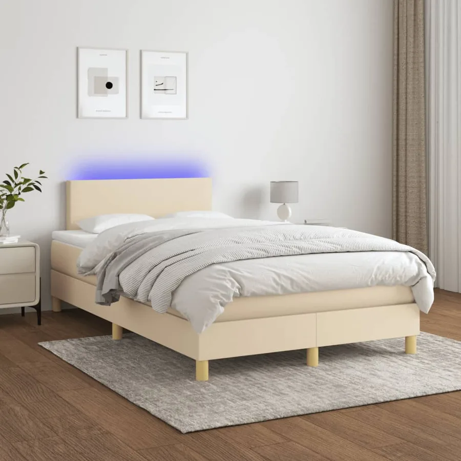Sommier à lattes de lit matelas et LED crème 120x190 cm tissu - 5