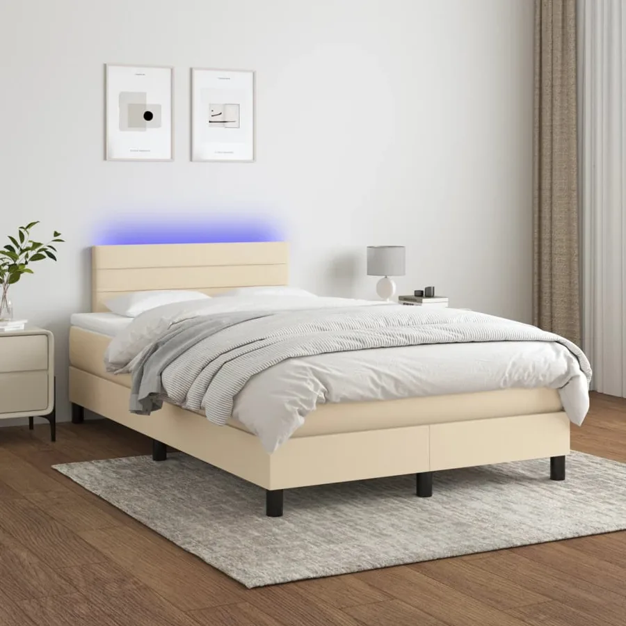 Sommier à lattes de lit matelas et LED crème 120x190 cm tissu - 5