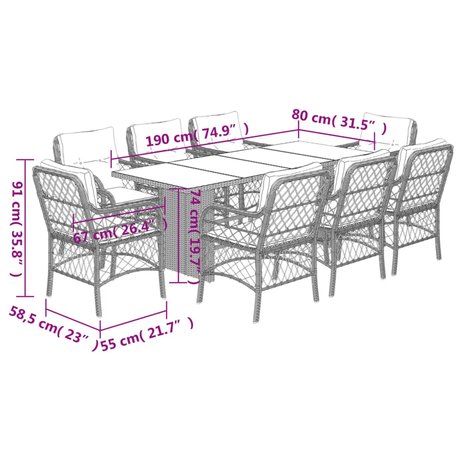 Ensemble à manger de jardin et coussins 9 pcs beige Poly rotin - 7