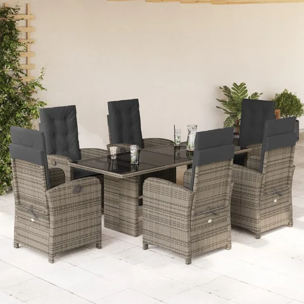 Ensemble à manger de jardin et coussins 7 pcs gris rotin