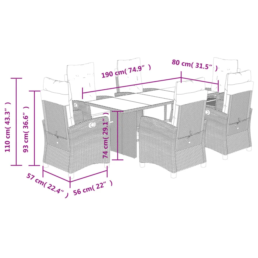 Ensemble à manger de jardin et coussins 7 pcs gris rotin - 9