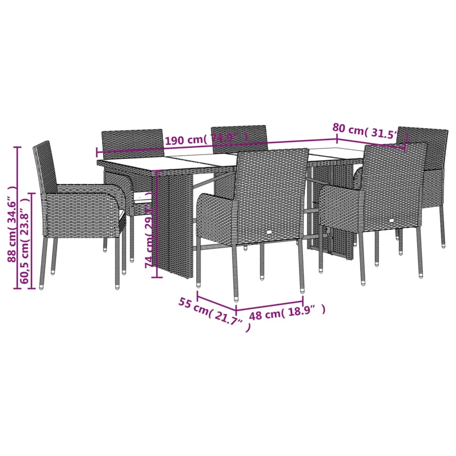 Ensemble à manger de jardin et coussins 7 pcs gris rotin - 7