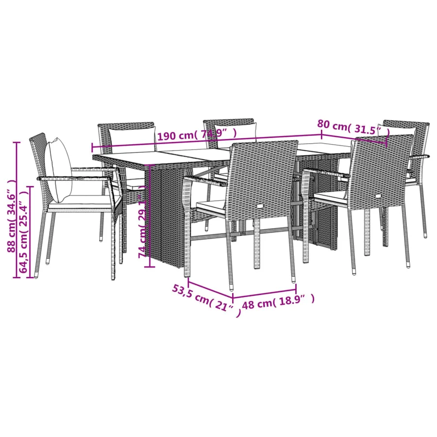 Ensemble à manger de jardin et coussins 7 pcs gris rotin - 7