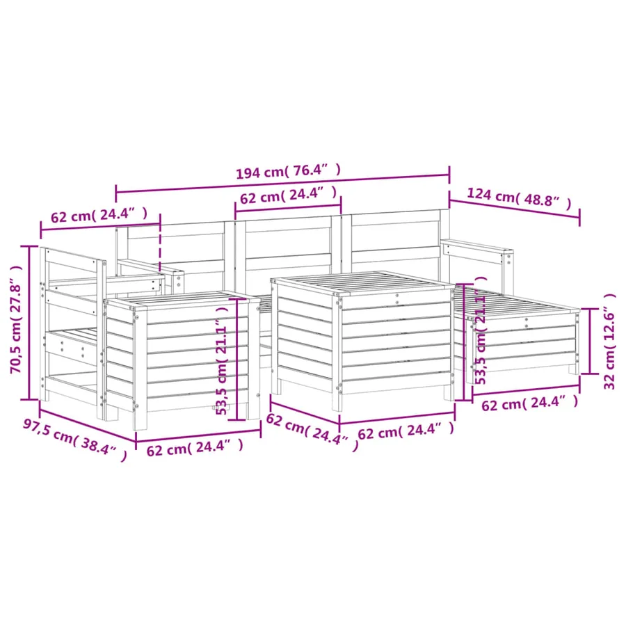 Salon de jardin 7 pcs blanc bois de pin massif - 13