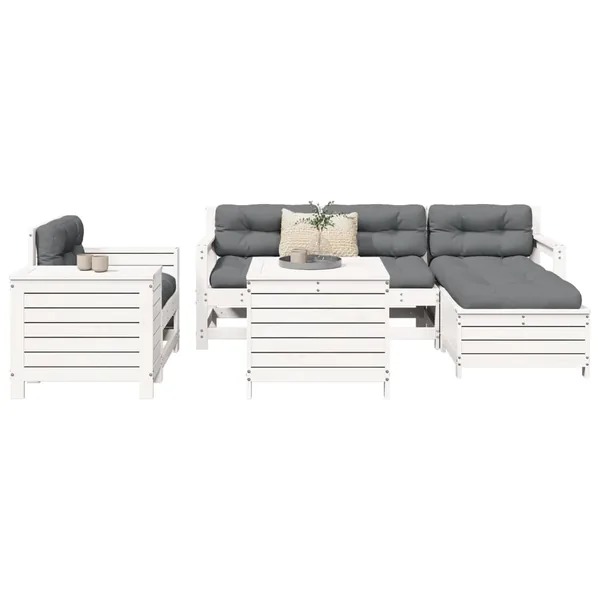 Salon de jardin 7 pcs blanc bois de pin massif