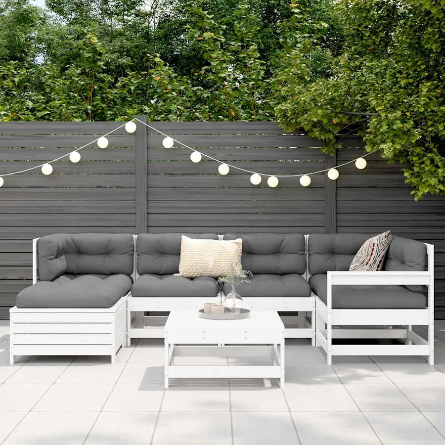 Salon de jardin 7 pcs blanc bois de pin massif - 3