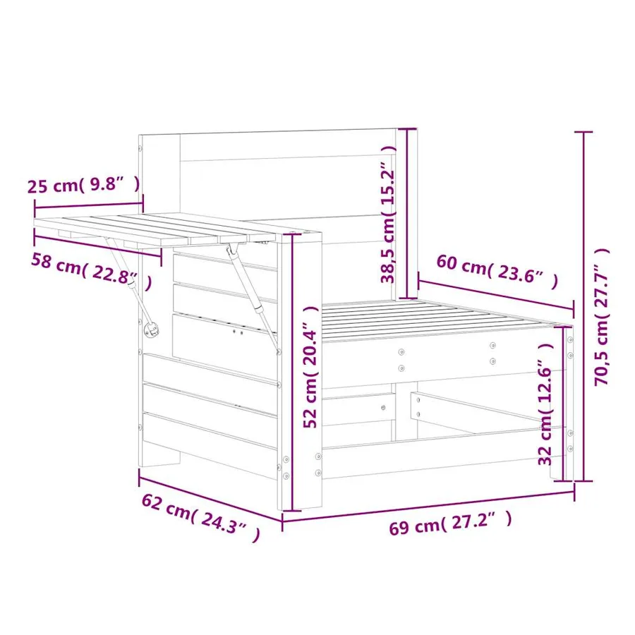 Canapé de jardin accoudoir avec table d'appoint bois massif pin - 10