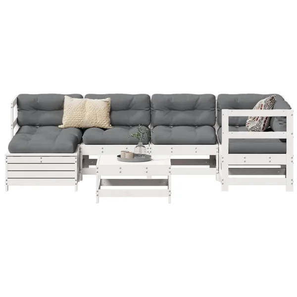 Salon de jardin 7 pcs blanc bois de pin massif